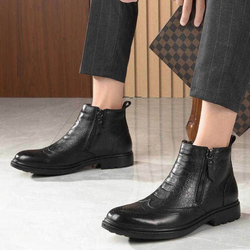 Fashion High Quality Genuine Leather Chelsea Men's Boots Luxury Brand Brogue Shoes Men Fashion Casual Warm Plush Ankle Boots Snow Boot