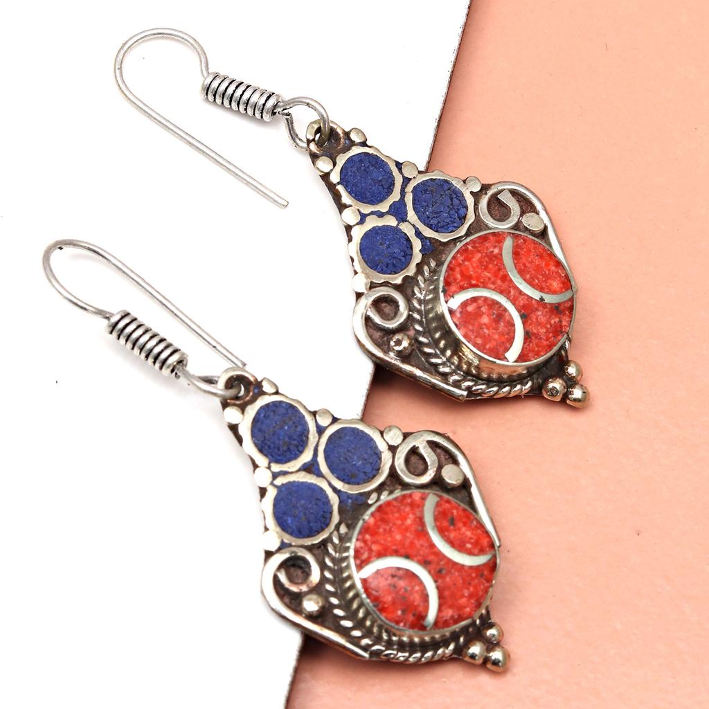 Tibetan Turquoise Coral Red Earrings Nepali Tribal 12gms 1.5" 1.6" Chunky Gift