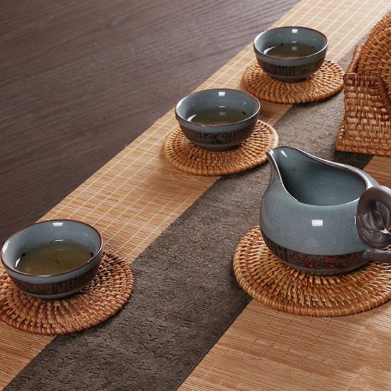 6 Teile/satz Untersetzer Set Runde Geschirr Tischset Schüssel Matte Rattan Weben Pad