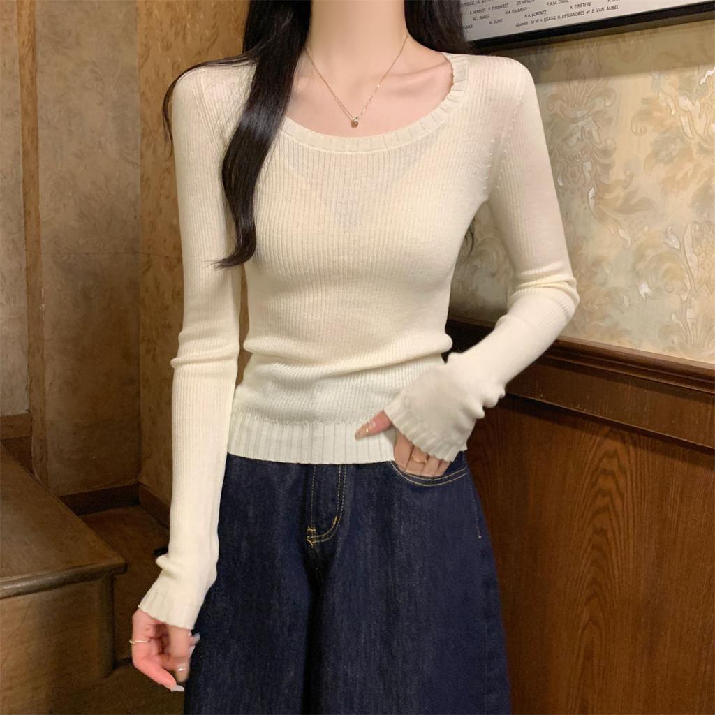 Spring Round Neck Solid Color Bottoming Shirt Female Slim Fit Pure Desire Wind Sweet and Spicy Inner Top Basic Knitted Sweater
