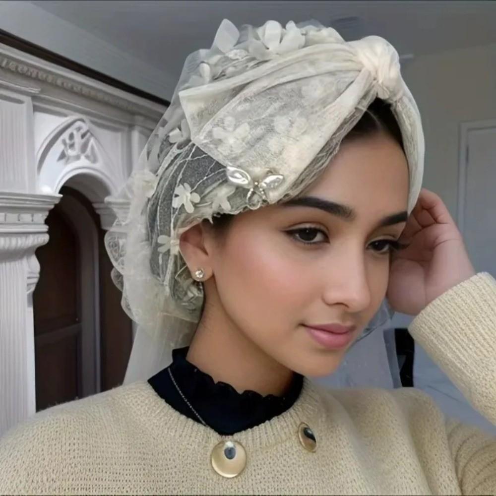 Faux Pearl Headscarf Hat Lace Flower Bohemian Headscarf Fashion Bonnet Hat  Summer Wear