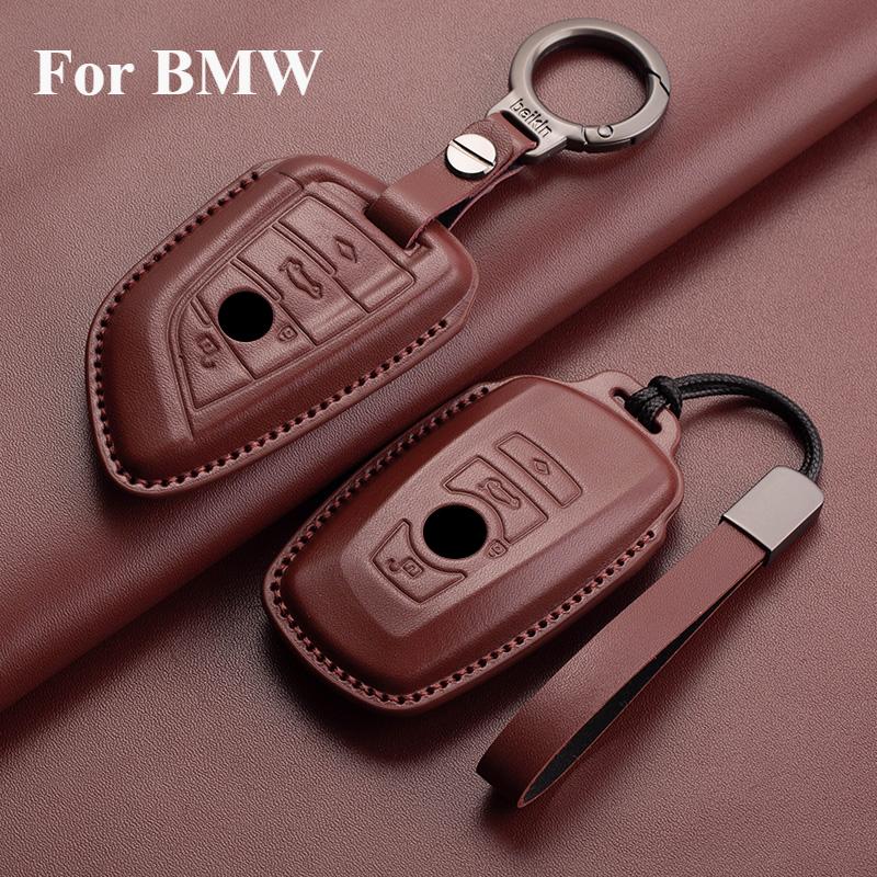 Genuine Leather Auto Smart Key Fob Cover Case Housing Fit For Bmw X1 X3 X5 X6 X7 1 3 5 6 7 Series G20 G30 G11 F15 F16 G01 G02 F48 Keyless Key Fob