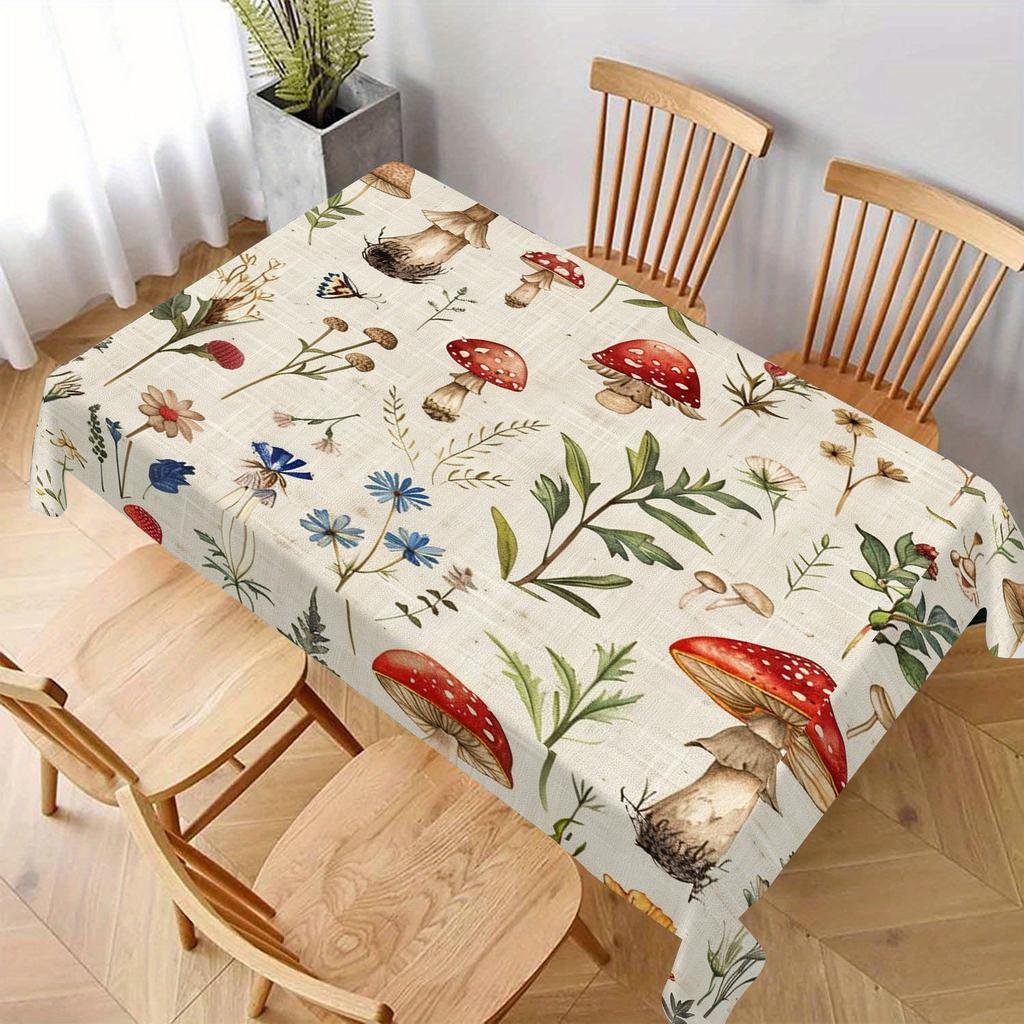 Whimsical Floral & Mushroom Design Square Tablecloth - Durable Polyester Machine- Decorative Cover for Dining & Coffee Tables