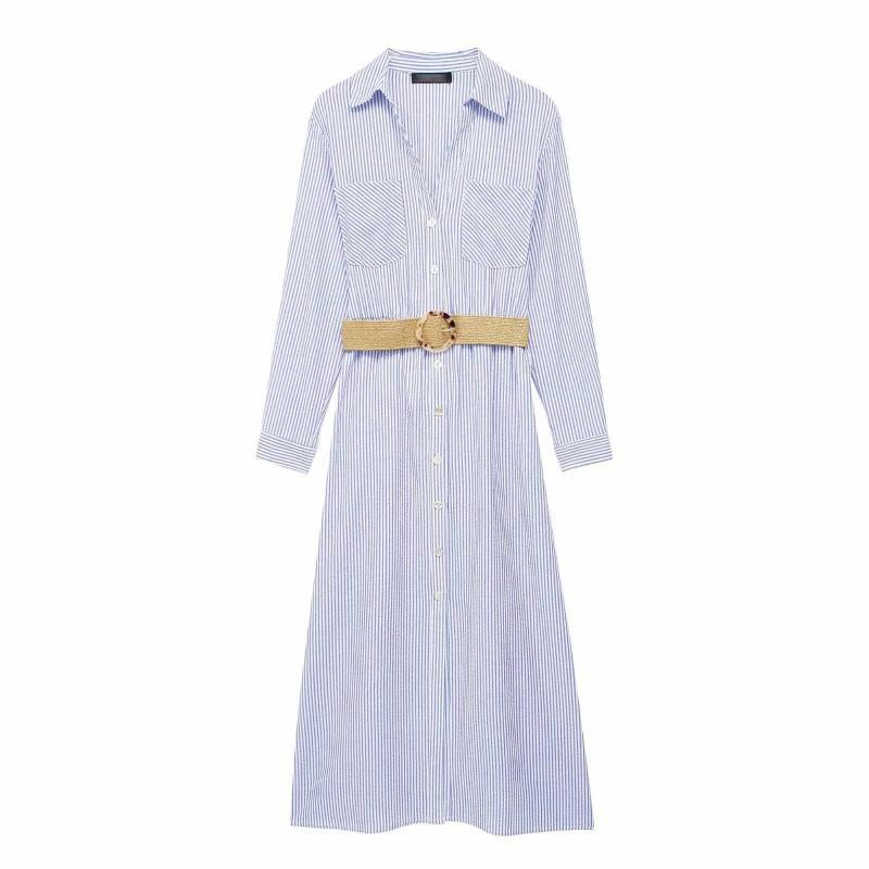 European American Women s Clothing Casual Belt Loose Stripe Long Dress S