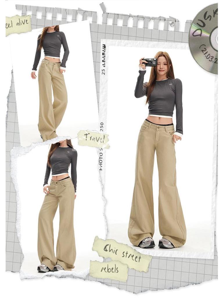 Women's Khaki Micro-Flared Casual Pants - Loose Fit, Autumn Retro Slimming Jeans