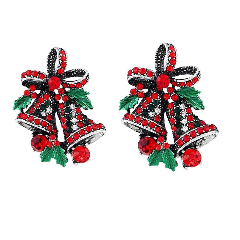 Vintage Christmas Bowknot Double Bells Brooch Pins with Green Leaves and Colorful Rhinestones Creative Gift Suit c Corsage for Women