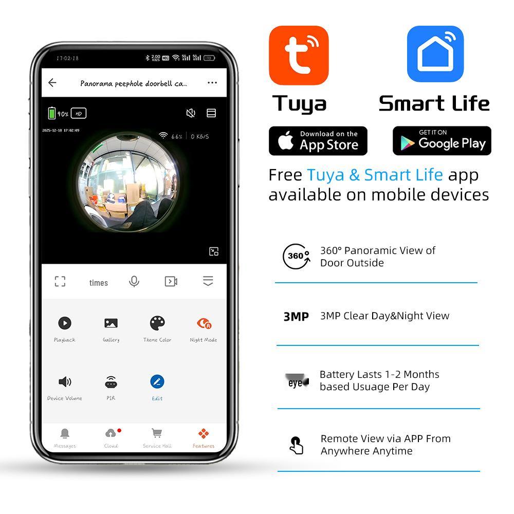 Tuya 1080P Smart Electronic Peephole with 360° Panoramic Fisheye Lens