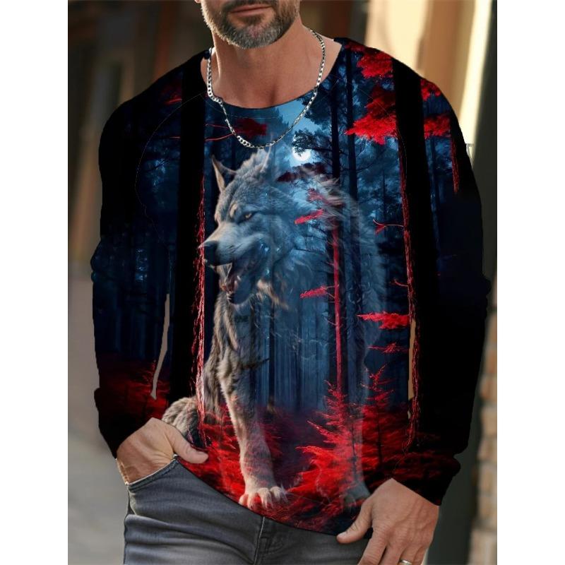 Herren Sommer Langarm 3D-gedrucktes Wolfsmuster T-Shirt Tops Herren Streetwear Kleidung Rundhals Grafik Langarm T-Shirt