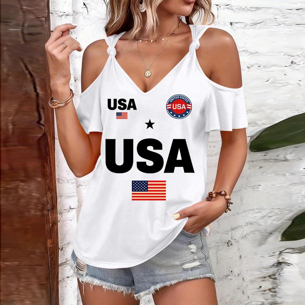 T-shirt Femme Épaules Dégagées Imprimé USA Bretelles à Nouer Manches Courtes Décontracté Haut d'Été Coupe Ample Chemisier Léger pour un Usage Quotidien