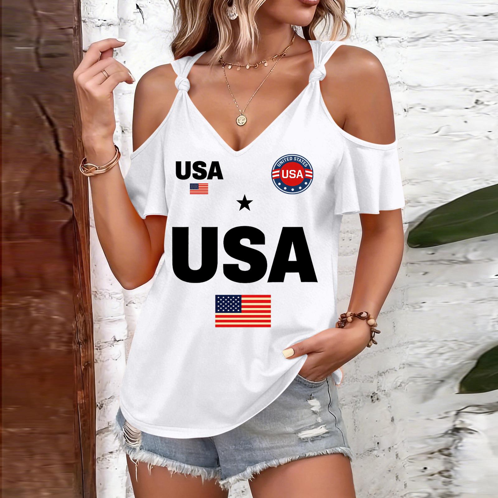 

Women Cold Shoulder T Shirt USA Print Tie Strap Short Sleeve Casual Summer Top Loose Fit Lightweight Blouse for Everyday Wear S