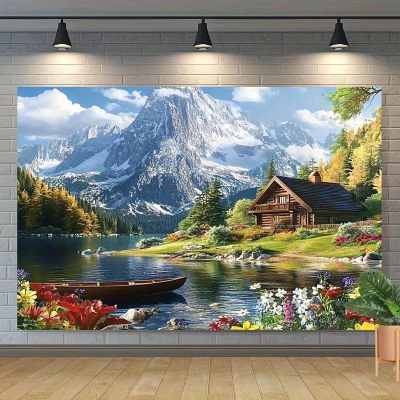 2D Serene Mountain Lake Cabin Photography Background