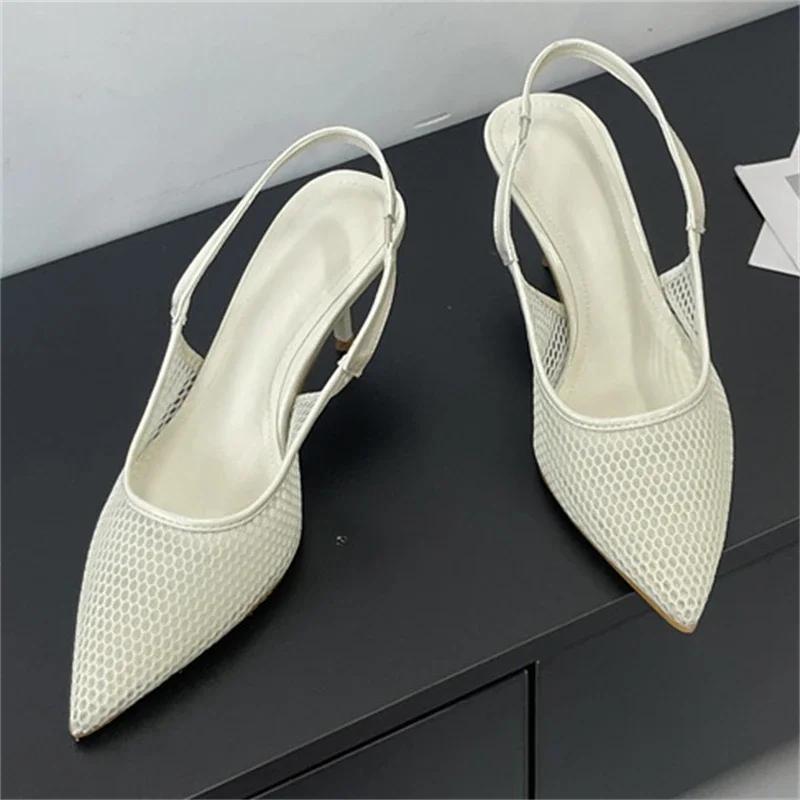 Eilyken Summer Breathable Mesh Pointed Toe Women Pumps Elegant Slingbacks Thin High Heels Party Dress Shoes BIG SZIE 43