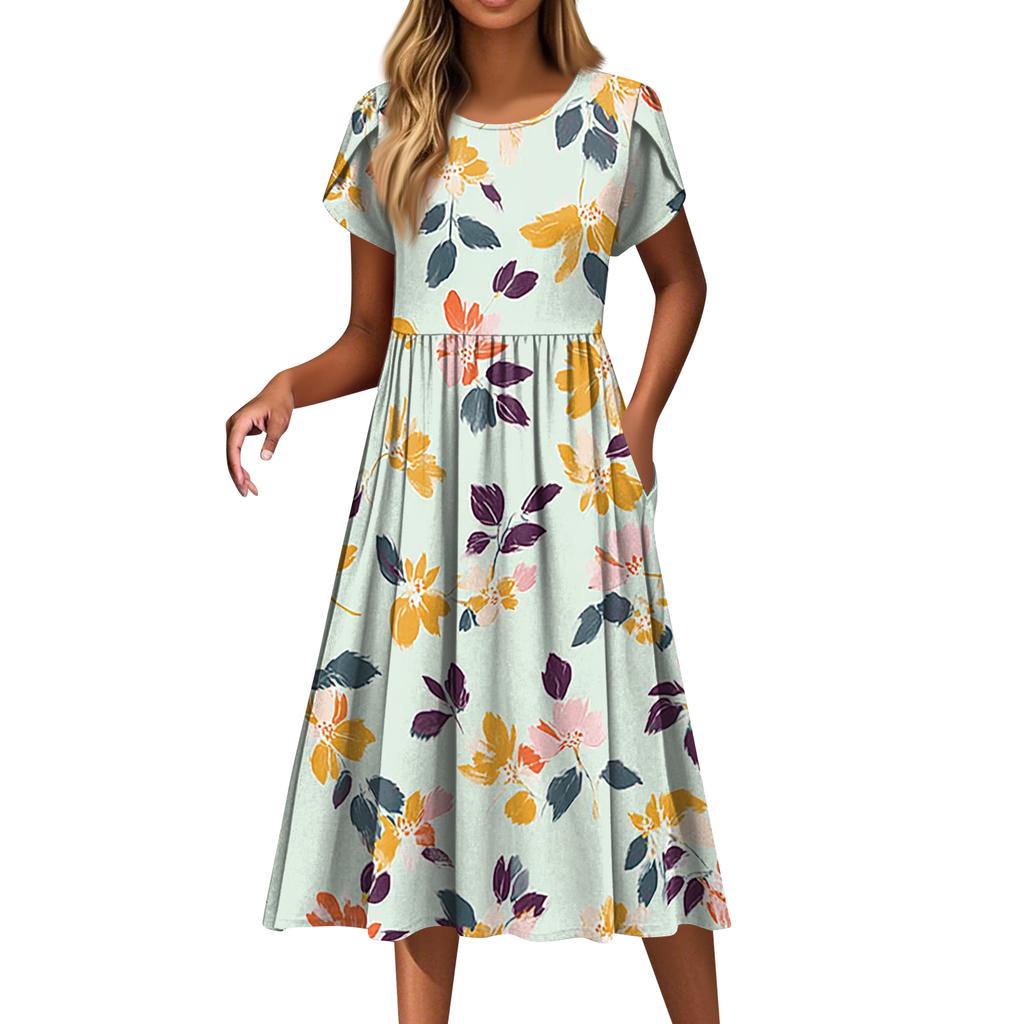 Women's Fashion Casual Loose Floral Print Round Neck Pocket Short Sleeve Dress