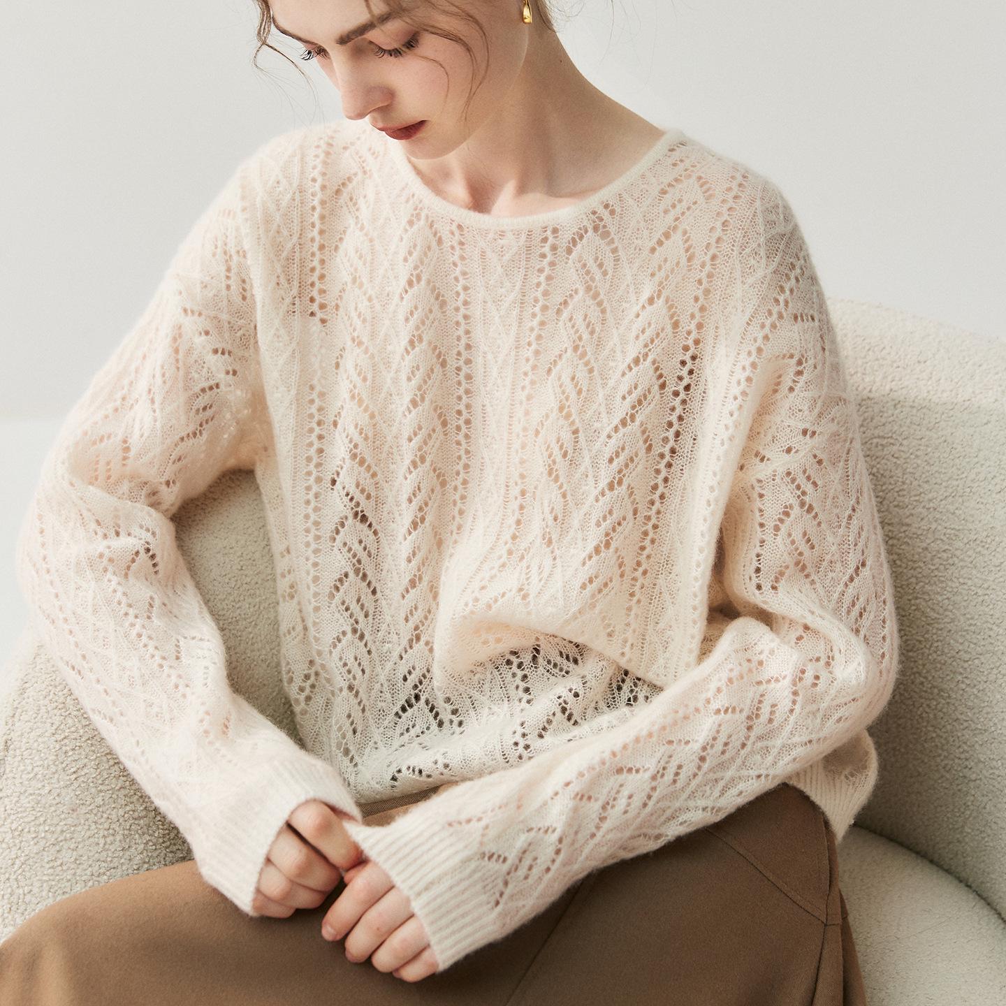 

Свободный бархатный кашемировый свитер: Женский кардиган с круглым вырезом, ажурной вязки, осень/зима 2025 L