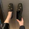 Fashion Women's Loafers Rivet Rhinestones Square Heel  Women Work Shoes Comfortable for Work Leisure Versatile Canvas Flat Shoes Women
