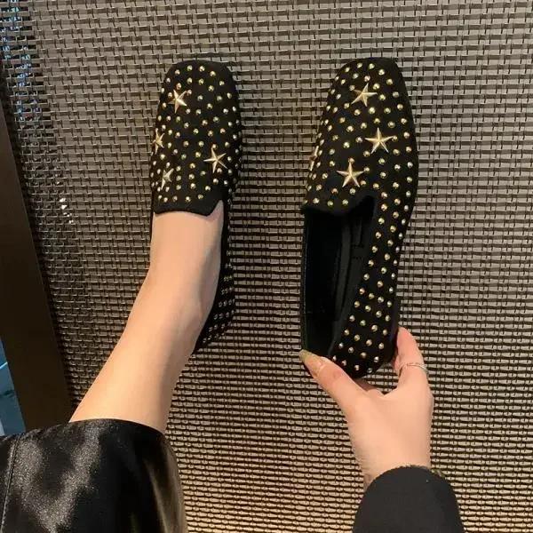 Fashion Women's Loafers Rivet Rhinestones Square Heel  Women Work Shoes Comfortable for Work Leisure Versatile Canvas Flat Shoes Women