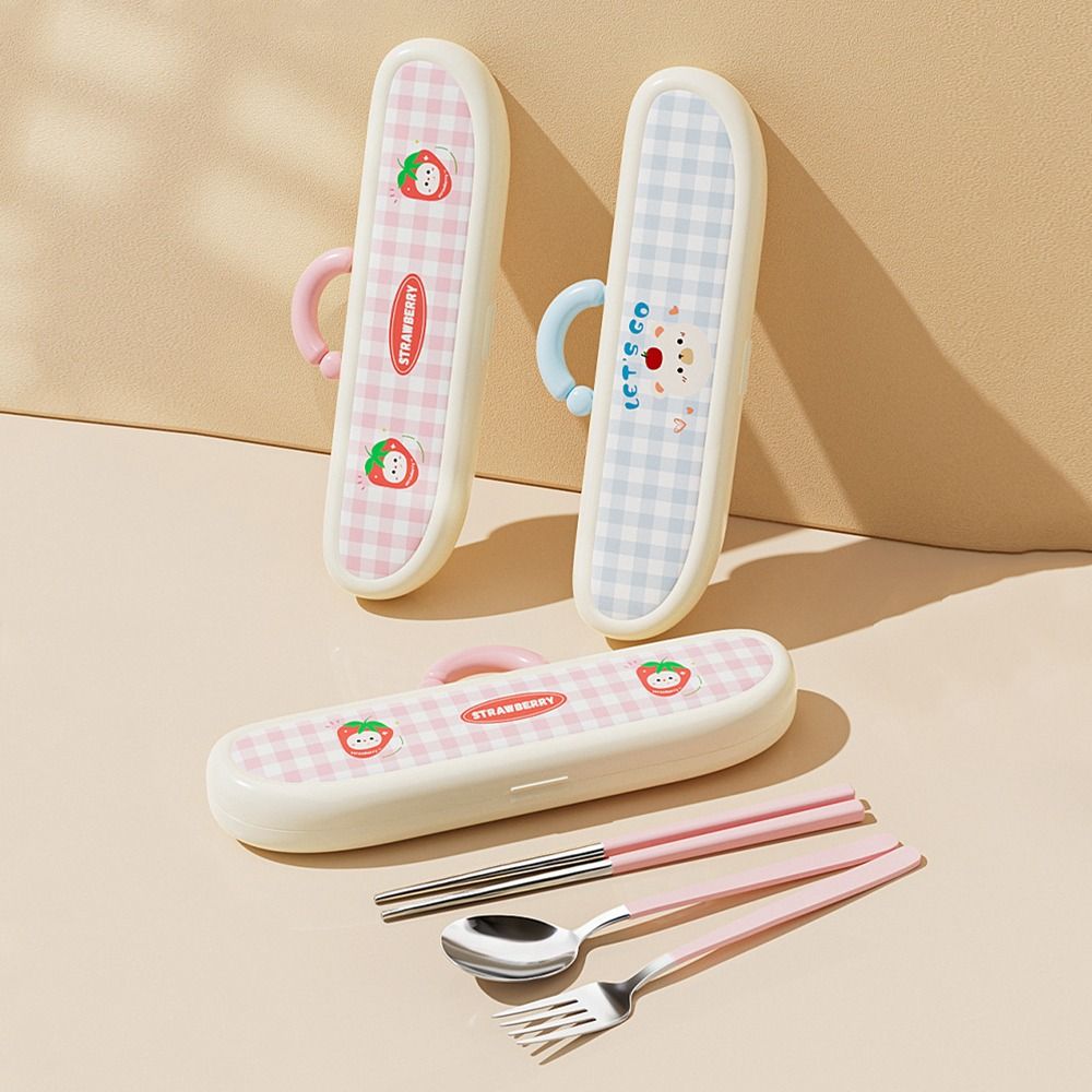 Stainless Steel Chopsticks Three-piece Set Cartoon Pattern Fork Dining Utensils Kit  Office Use