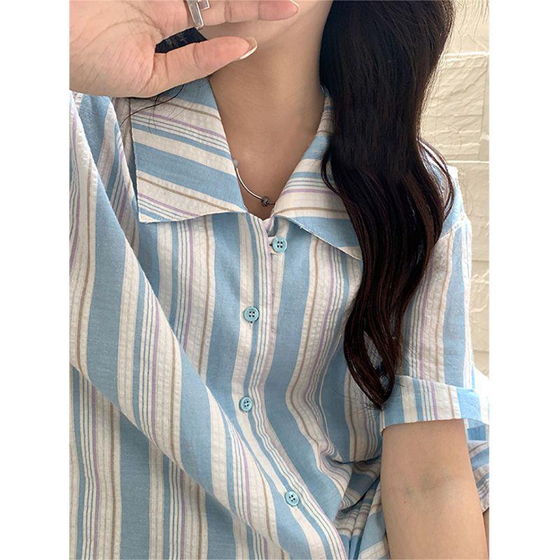

Летняя женская рубашка с коротким рукавом, универсальный контрастный полосатый дизайн, топы в корейском стиле, простая милая женская блузка 2XL