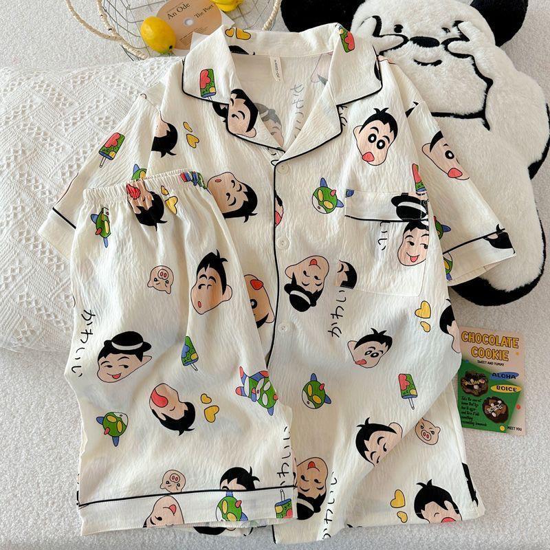 Korean Cloud Cotton Cartoon Couple Pajamas Set - Short Sleeve Cardigan & Shorts