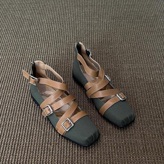 

Sheepskin version retro square head one-word buckle with genuine leather Mary Jane shoes women s single shoes flat bottom shallow mouth versatile 40