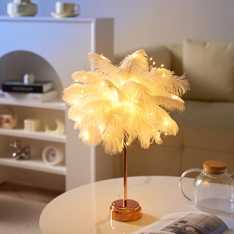 Ostrich Feather Table Lamp for Bedroom, Living Room, or Café Decor