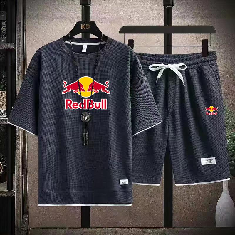 2026 Men's Summer New Style Waffle Short Sleeve Shorts Red Bull Printed Set