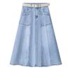 Summer 2025 Light Blue A-Line Denim Midi Skirt for Women - Slimming, Loose Fit, Hip-Covering, Midi Length, Wide Hem