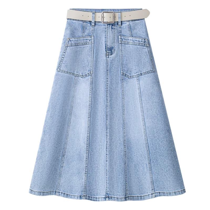 Summer 2025 Light Blue A-Line Denim Midi Skirt for Women - Slimming, Loose Fit, Hip-Covering, Midi Length, Wide Hem