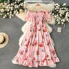 Women's Women Summer Spring Off Shoulder Short Sleeved Waist Length Floral Ankle-Length High Waist Dress