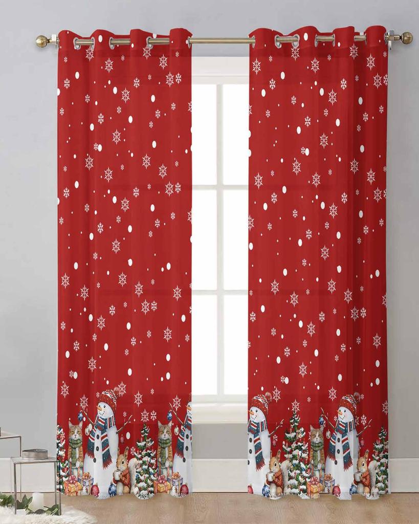 Christmas Tree Snowman Cat Squirrel Snowflake Ball Red Sheer Curtains Room Decor Window Curtain Kitchen Tulle Voile Curtains