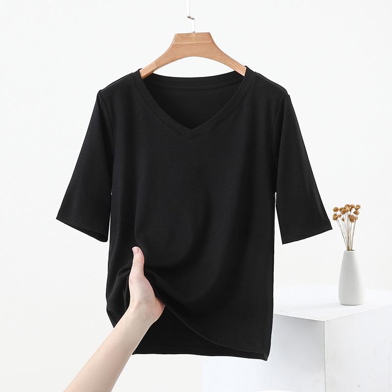 Women's V-Neck Mid-Sleeve Cotton T-Shirt - 2025 Spring/Summer Collection, Fitted Waist, Solid Color