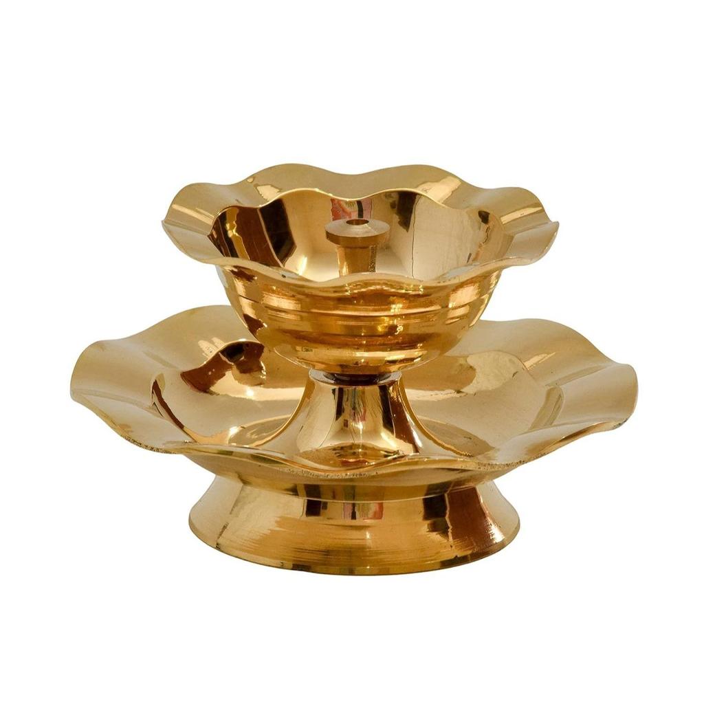 Bhimonee Decor Pure Brass Nanda Akhand Jyoth Table Diya | Traditional Plate Design Deepak for Pooja