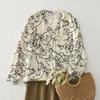 Autumn 2025 Floral Retro Style V-Neck Cotton Linen Shirt - Artistic Ink Painting, Age-Reducing, Plus Size Casual Top
