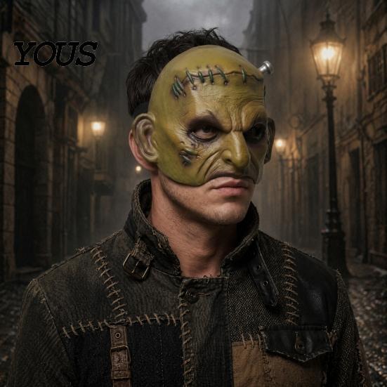 Realistic Halloween Horror Masque Cosplay for Adults Men Women, Creepy Comfortable Long Wear Green Half Face Party Detailed Distressed Leather Look