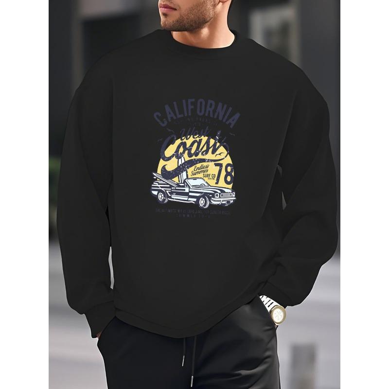 California Surfing, Retro Car Print Men'S New Round Neck Sweatshirt, Loose And Stylish Casual Sports Top For, Versatile Pullover