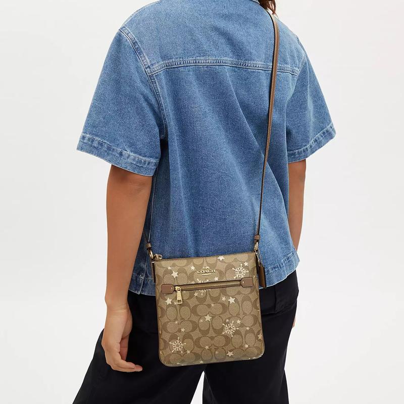 COACH Rowan Coated Canvas With Smooth Leather Shoulder Bag, Crossbody Bag Small Women's Khaki & Saddle & Gold CN766-IMWD9