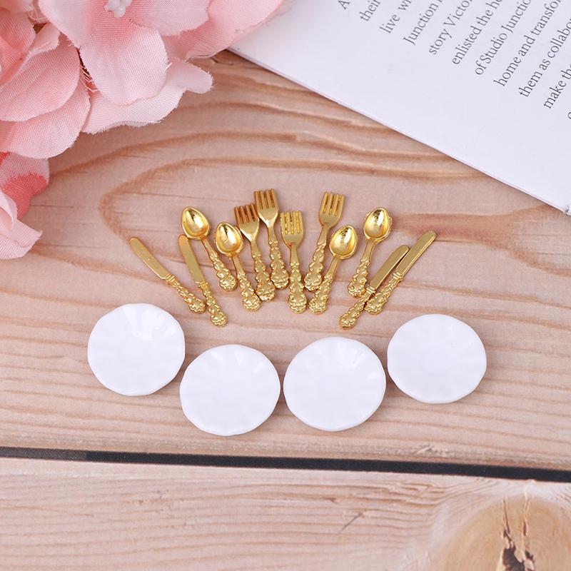 12Pcs/Set Vintage Dollhouse Miniatures Tableware Ceramic Plate Knife Fork Spoon