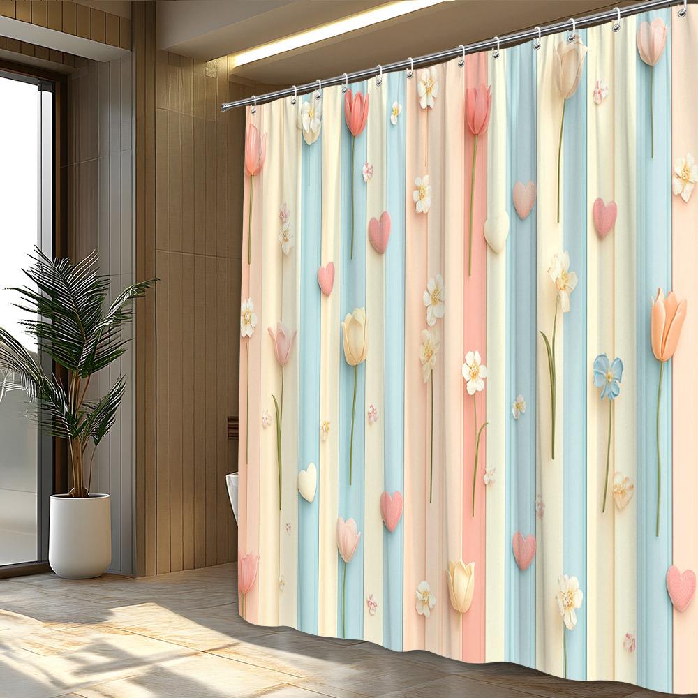 1 шт. Пастельная полосатая шторка для душа - Цветы и Сердца, Вертикальные тюльпаны и Маргаритки, Игривая и Романтичная, Полиэстер, Декор для ванной комнаты W90XH180cm