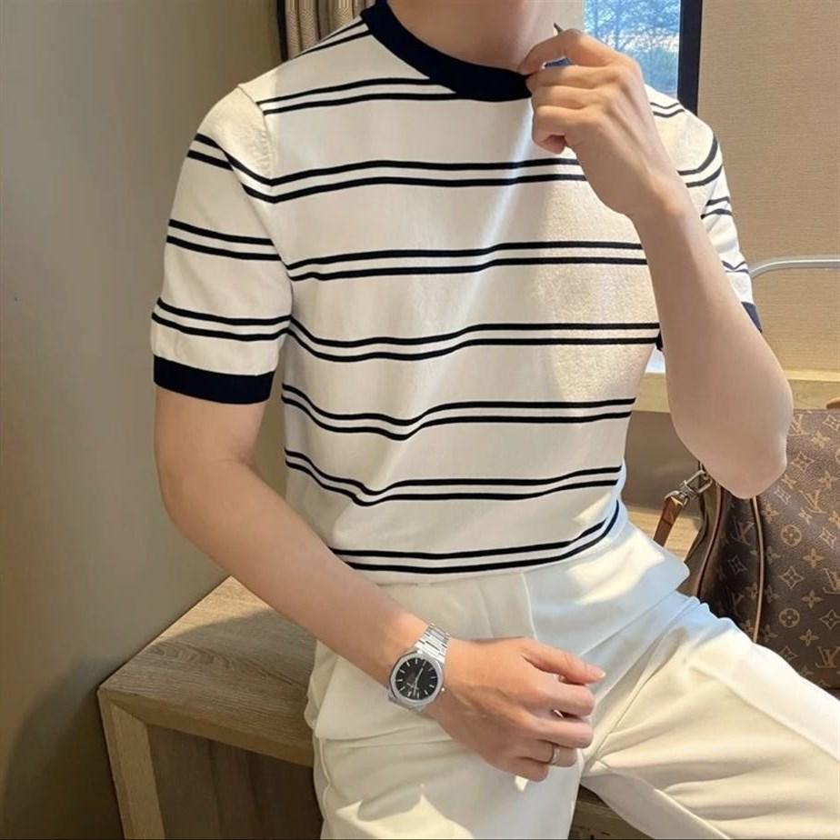 Korean Style Slim Fit Men's Striped Ice Silk T-Shirt