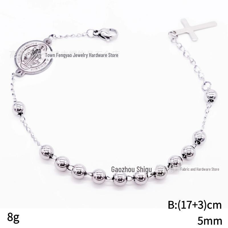 Bracelet Religieux Croix en Perles d'Acier Inoxydable 5mm