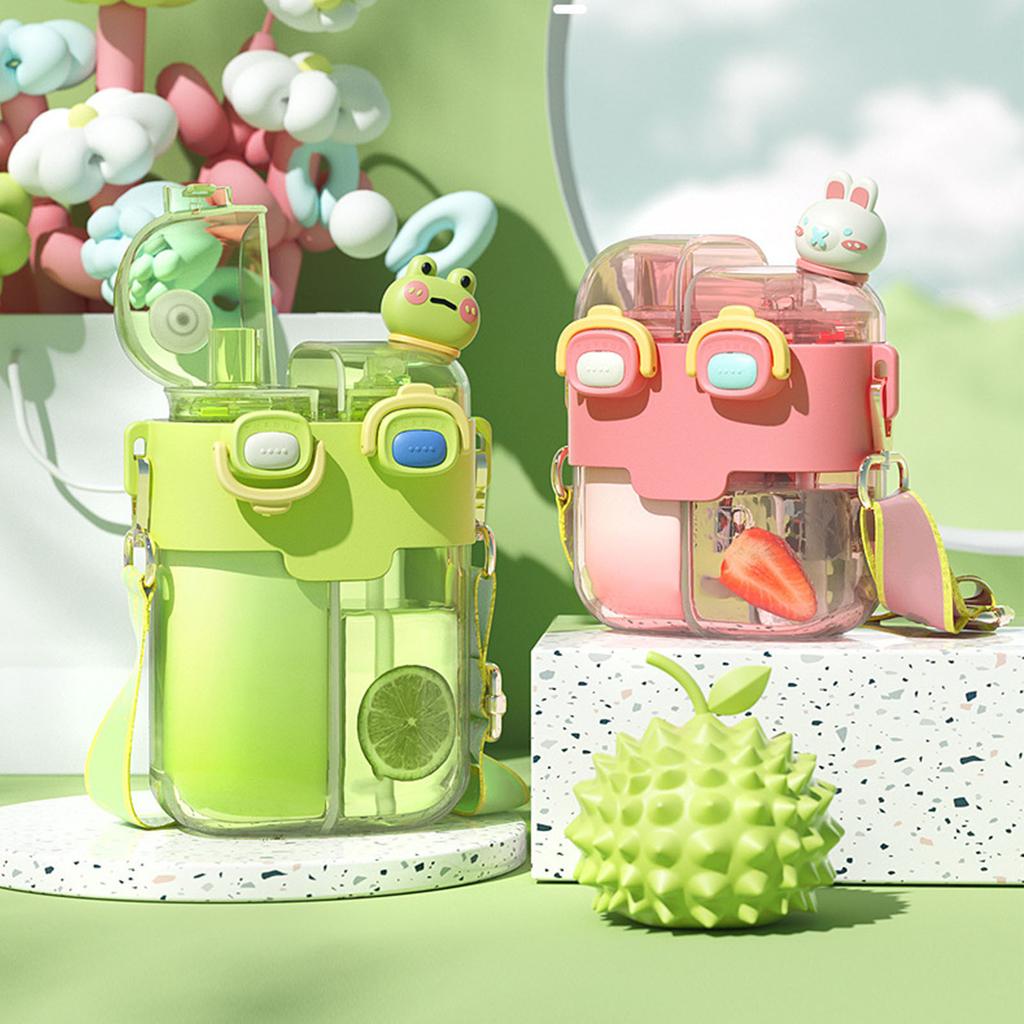 Kawaii Wasserflasche Mode Plastik Doppel Trinkwasserflasche mit Stroh Halteriemen für