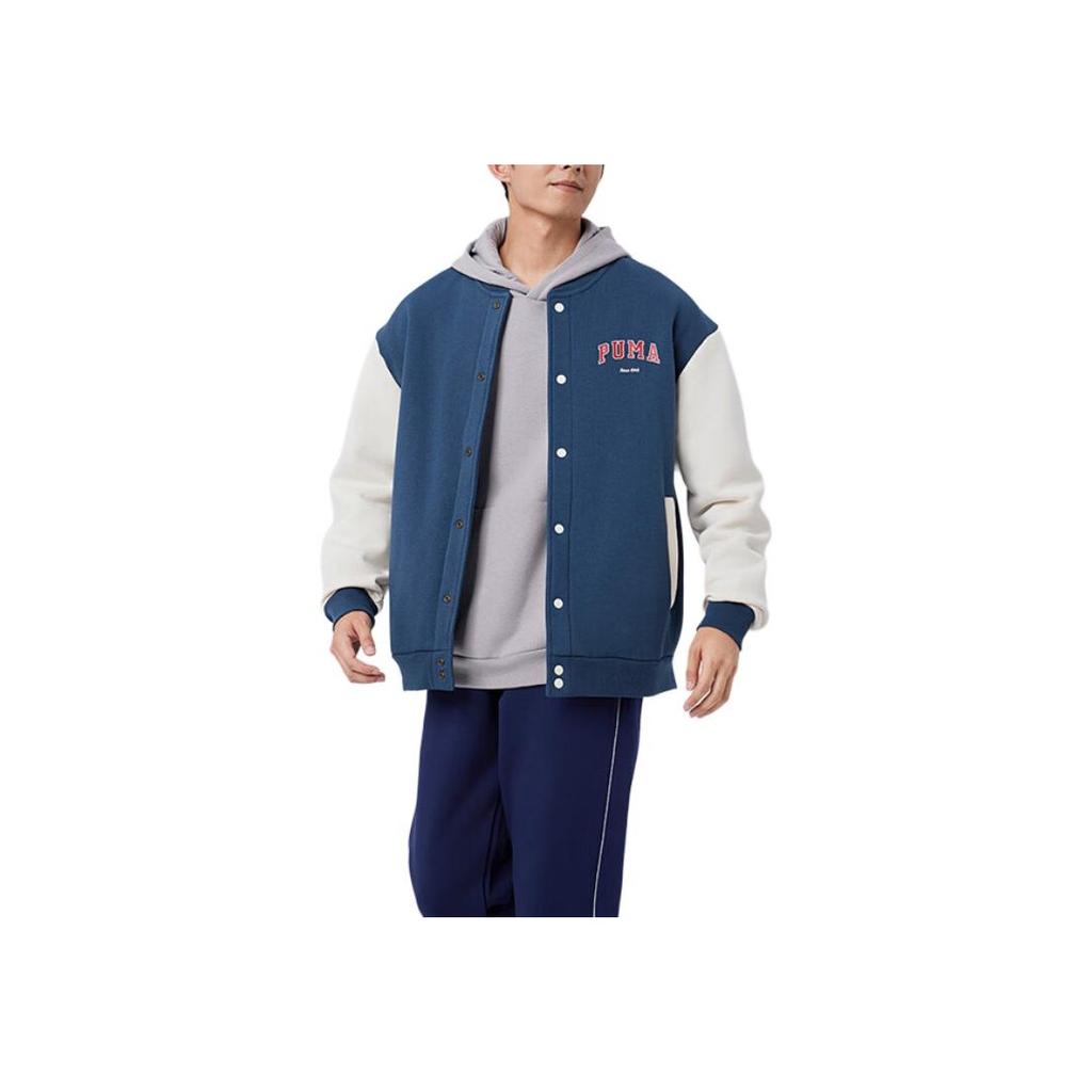 Puma Jachetă de baseball Varsity Track Vintage Casual cu literă, cu mânecă lungă, cu nasturi simpli, pentru bărbați, jachete, albastru-închis 679341-16