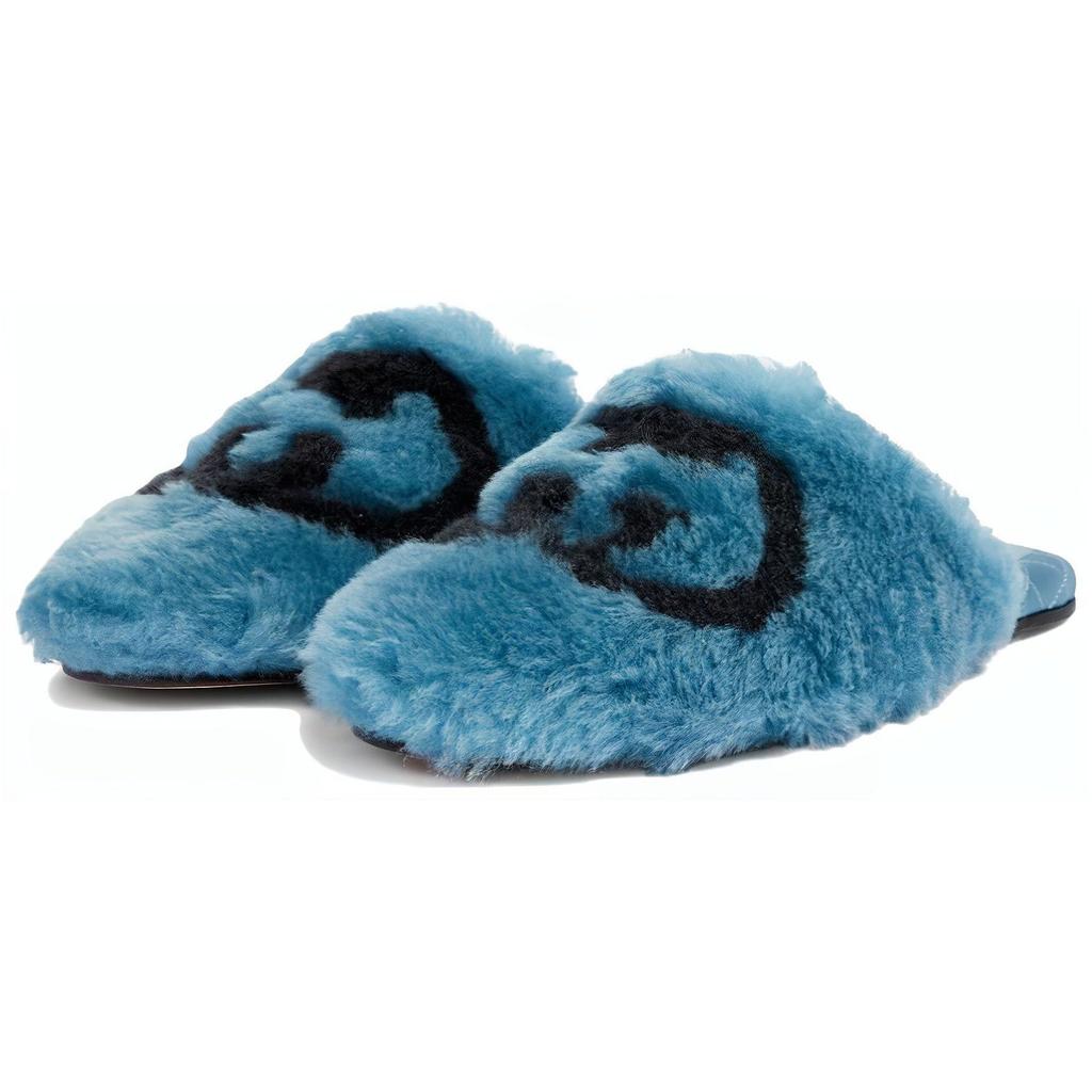 Gucci Interlocking G Faux Fur Slippers Blue Black Women's 719847 AAAUL 8439