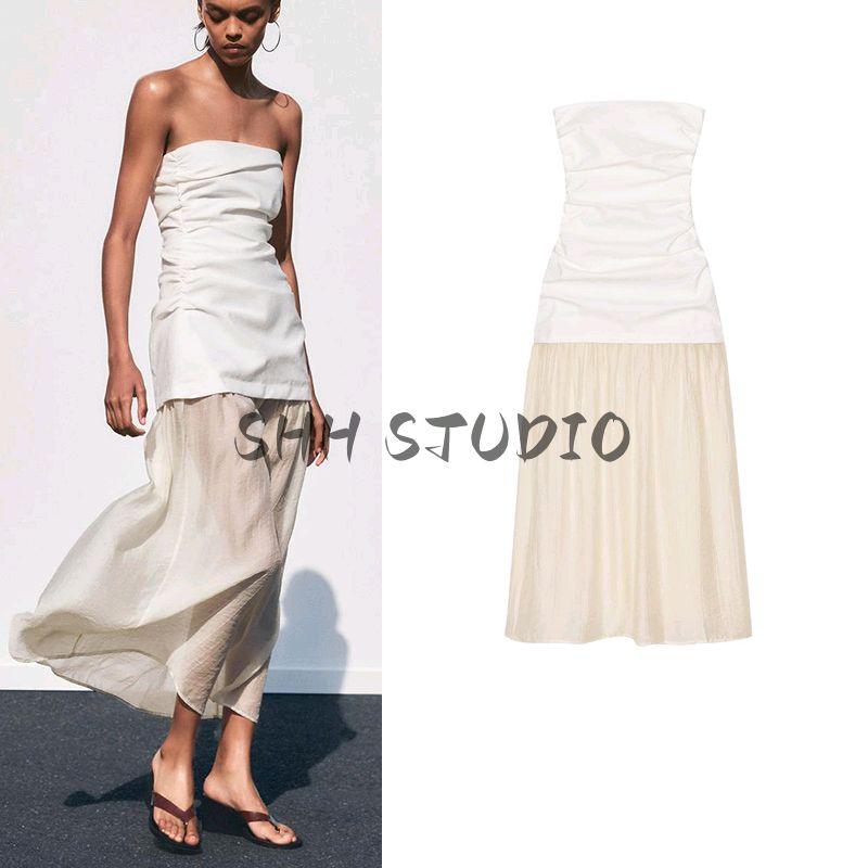 Spring and Summer New Women's Clothing French Evening Dress Pleated Decoration Stitching Tube Top Midi Skirt Dress 3152373