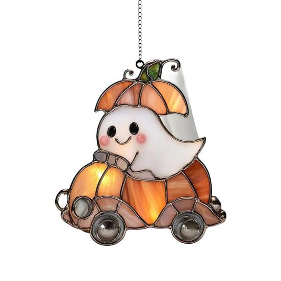 Halloween Pendant Witch Ghost Ride Shape Pendant Image Stained Glass Window Hanging Ornament Festivals Halloween Decoration