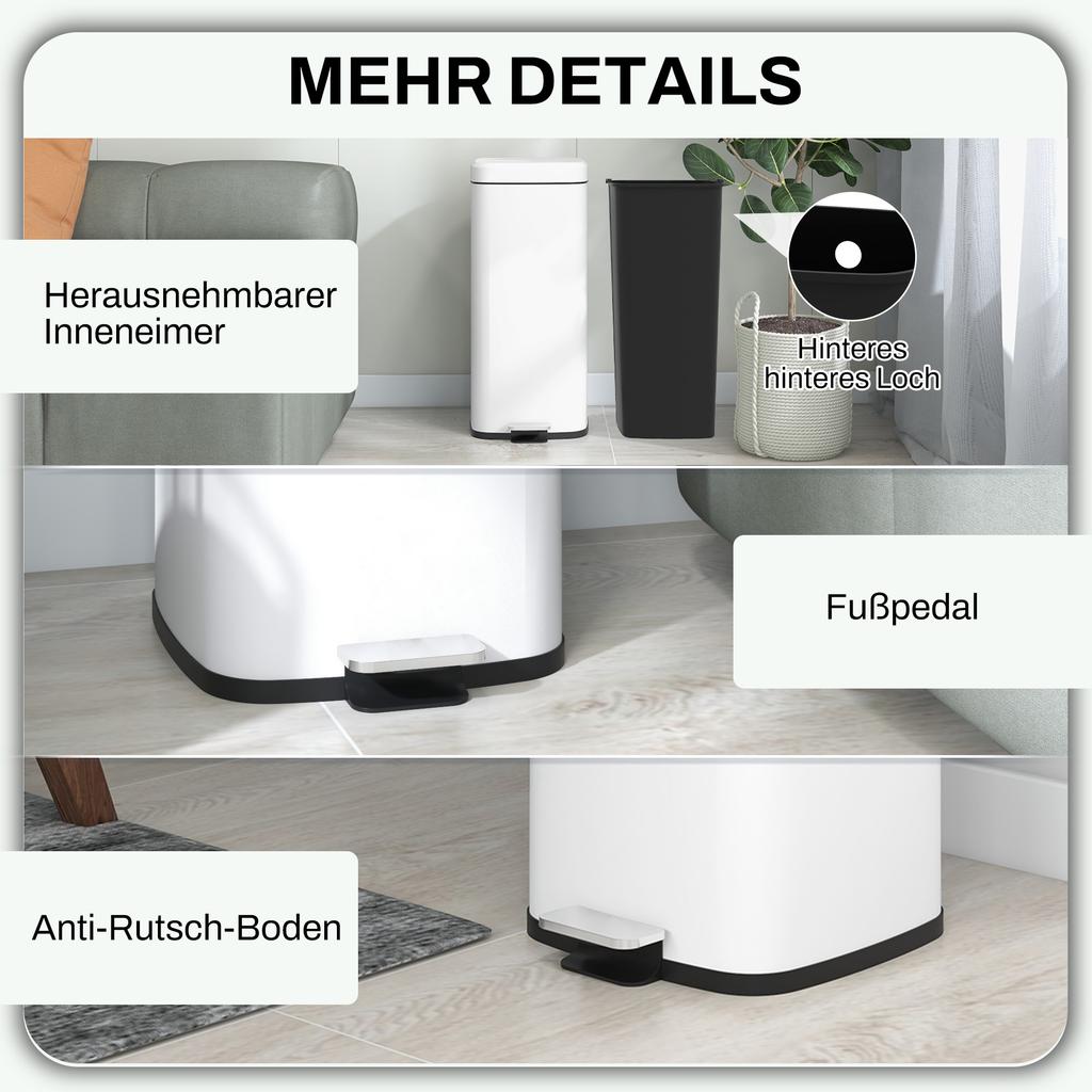 Trash Can 30L, Soft-Close Lid, Fingerprint-Proof, Foot Pedal, Metal/Plastic, 28x35x63.5 Cm, White