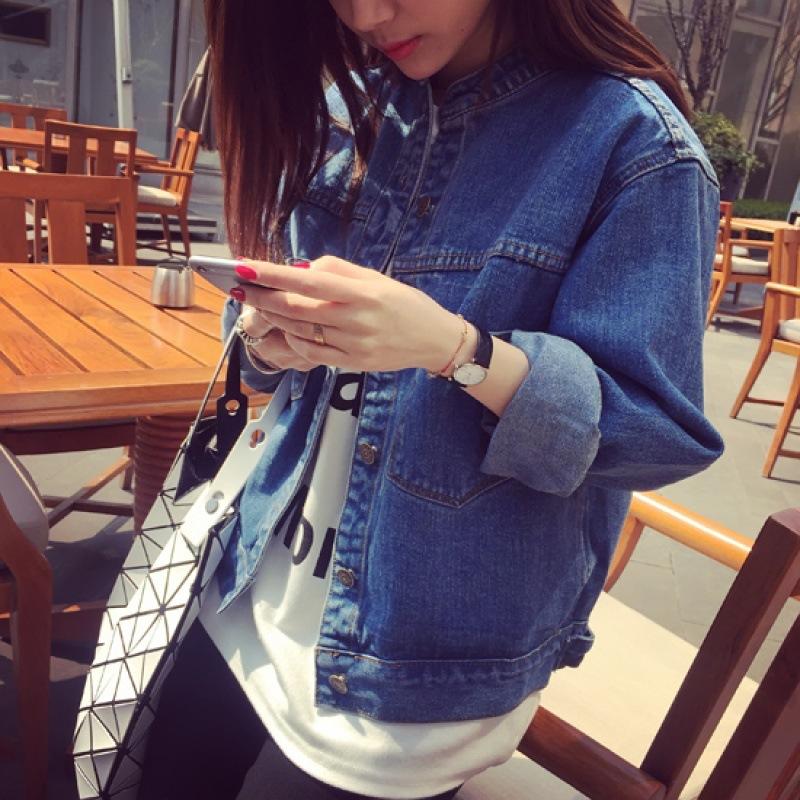 

Джинсовая куртка женская свободная осенняя ретро воротник-стойка большой карман студенческая корейская короткая джинсовая куртка L