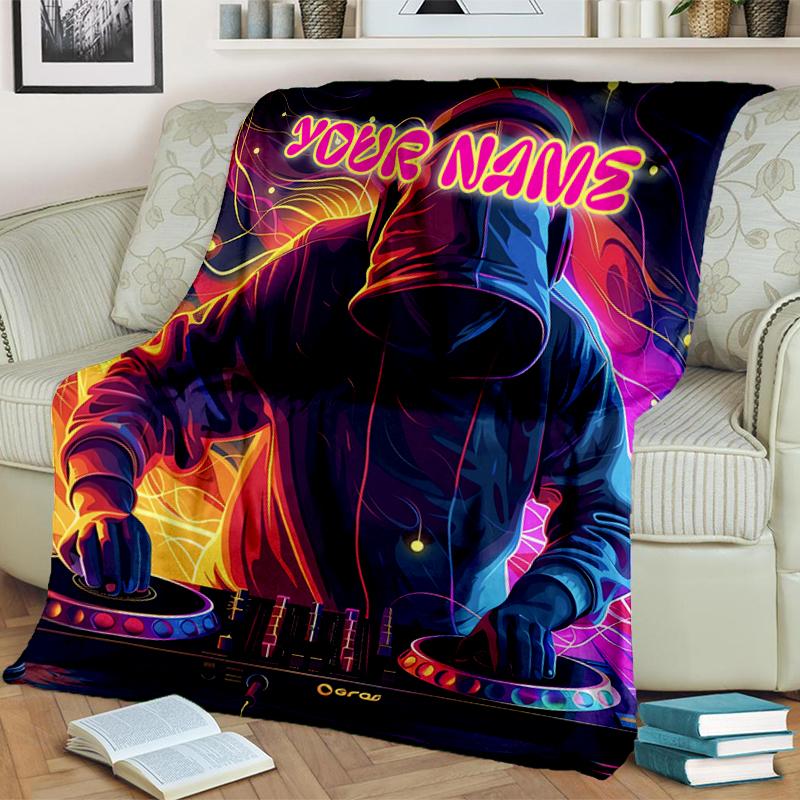1PC Custom Name DJ Neon Lights flannel blanket versatile,all-season throw suitable for the living room,bedroom,camping,travel,and gift