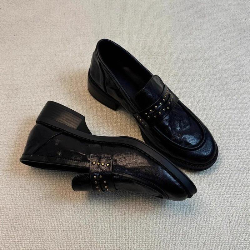 Fashion Block Heel Single Shoes Autumn New Round Toe Deep Mouth Rivet Anti-slip Wear-resistant Kitten Heels