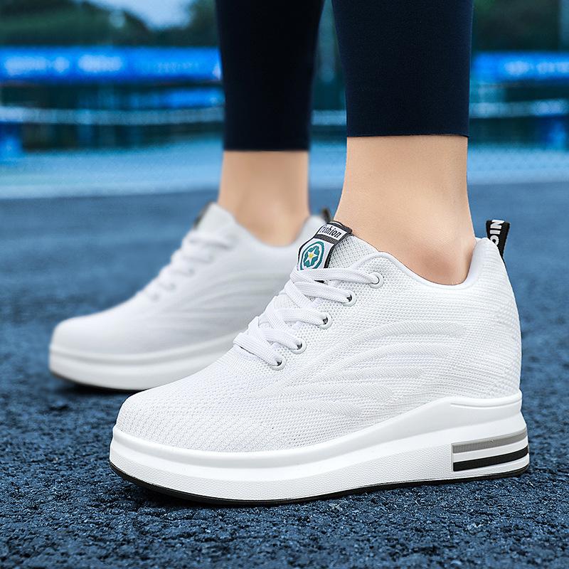 Women's heightening shoes 9CM thick-soled slim-fitting and light mesh breathable black pure white casual shoes mother shoes